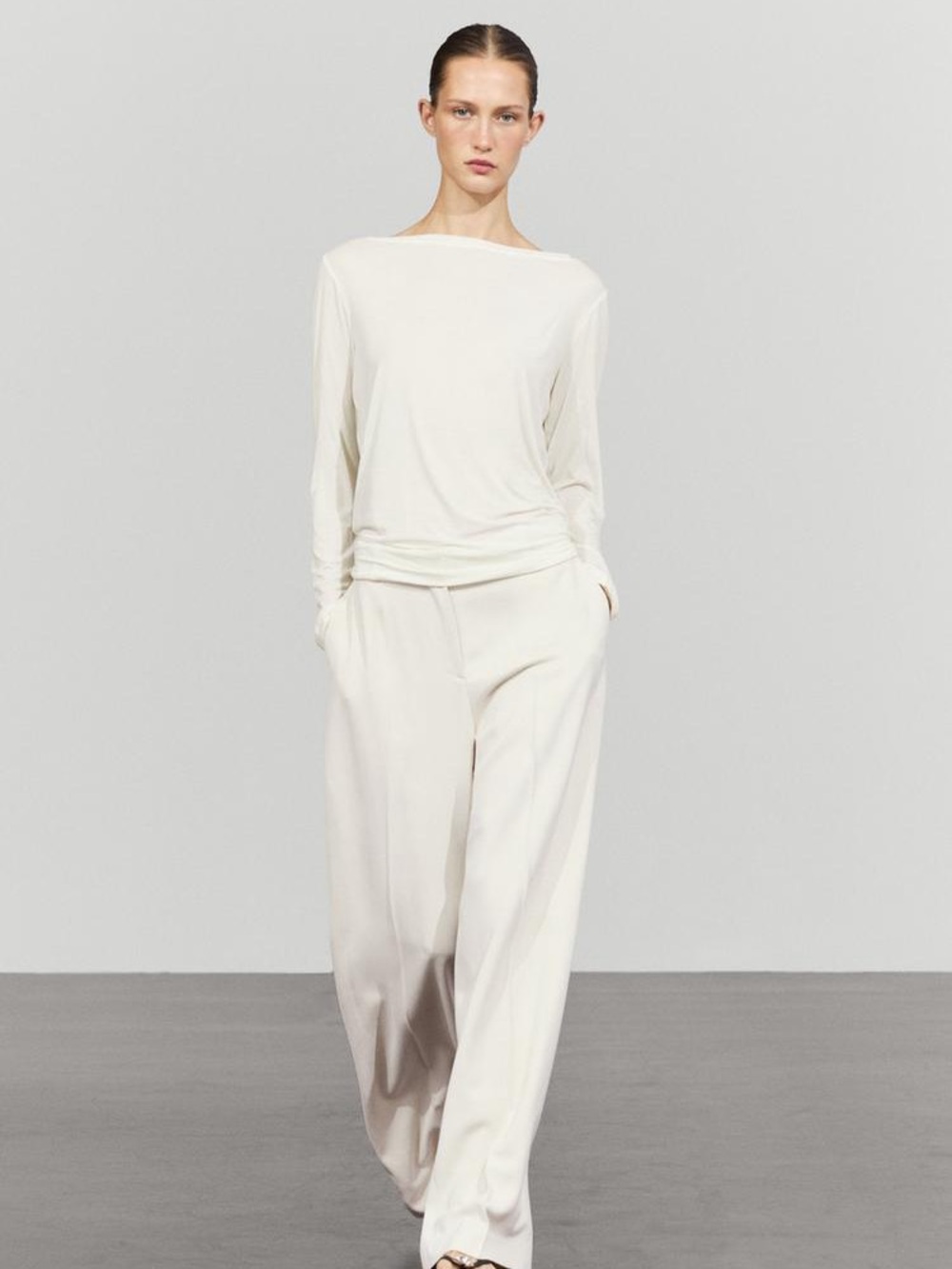 Zara Cream Wide-Leg Pants with Matching Long-Sleeve Top